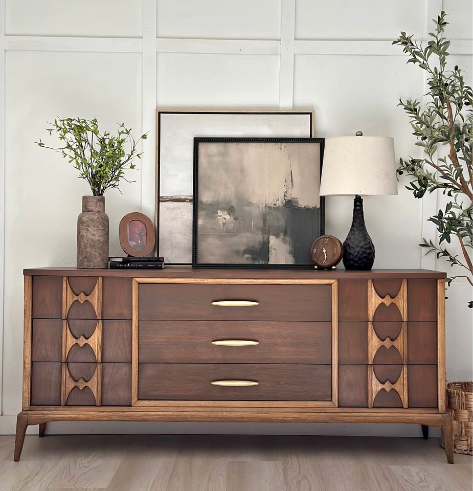Sculpted walnut dresser restored by White Oak Finishes